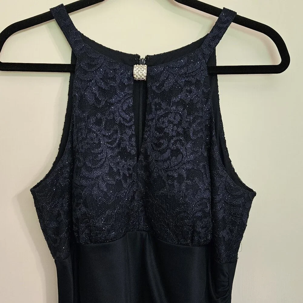 Navy Women's Long Maxi Halter Dress Sheer Matte Jersey With Lace Gown Size 12 - Picture 3 of 9